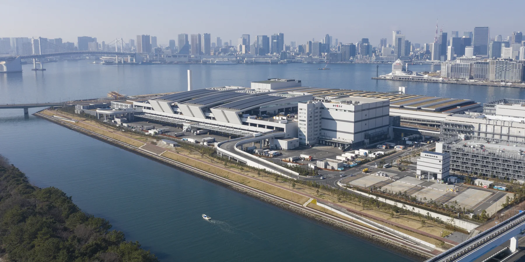 Veduta aerea del complesso del Toyosu Market su terreno bonificato nella baia di Tokyo, con il Rainbow Bridge e lo skyline del centro di Tokyo sullo sfondo